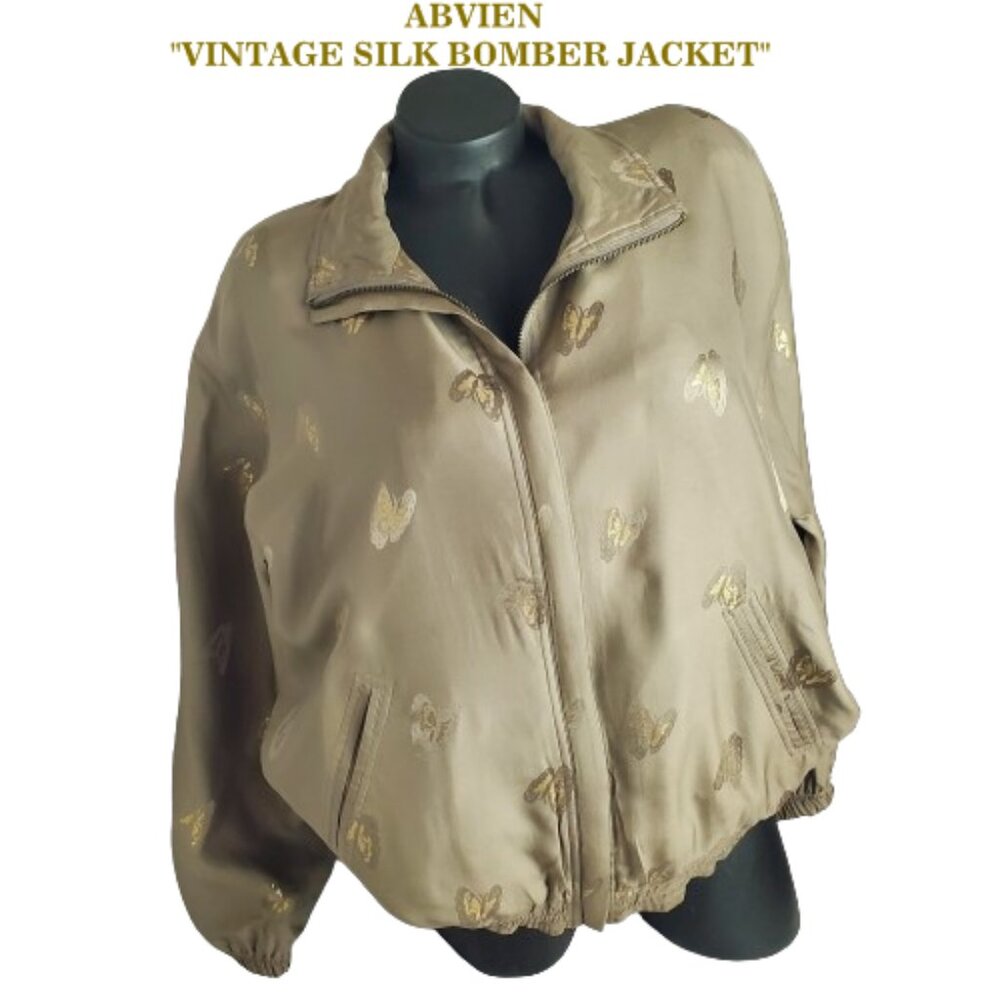 Abvien Vintage 90s Lightweight Silk A Green & Gold Shimmer Bomber Jacket. SM